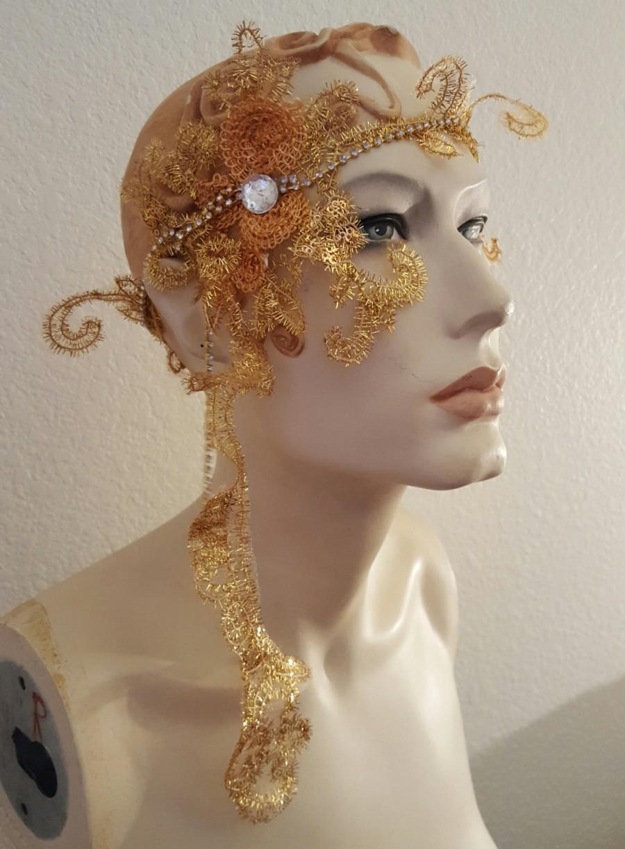 Mariage - Flapper Goddess Gatsby Style Gold Sequin Lace Crystal Bridal Headband Headpiece Wedding Party Costume