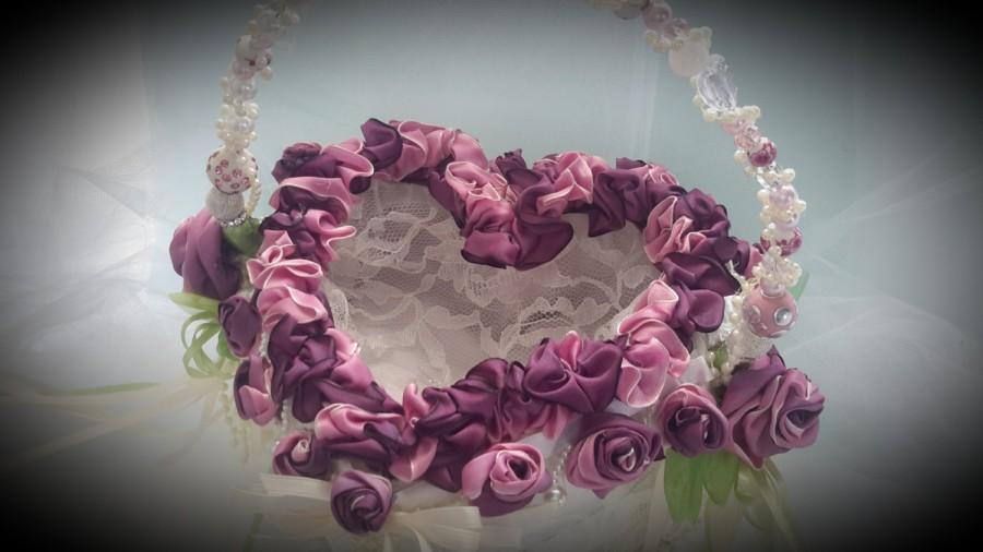 Wedding - Victorian Rose, flower girl basket, Sweetheart basket, handmade ribbon flowers, lace basket, heart shape basket, beaded basket, white basket