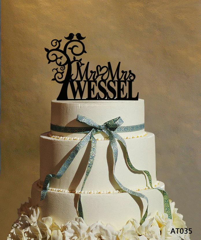 زفاف - Birds on the Tree Personalized Cake Topper, Mr. & Mrs. Last Name Cake Topper, Party Decor Topper, Wedding Cake Topper - AT035