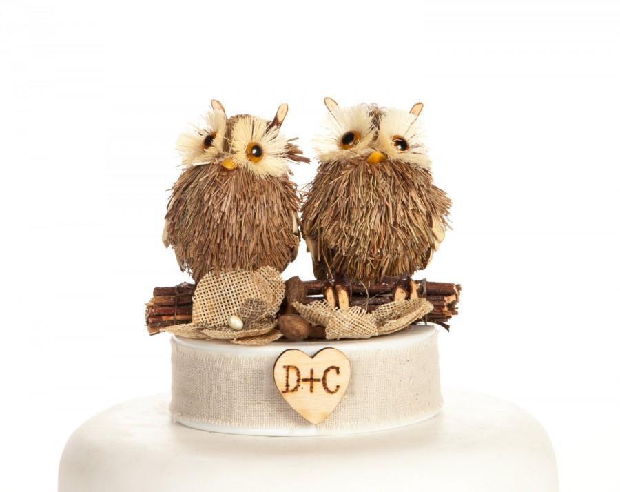 زفاف - Rustic Owl Cake Topper - Brown Burlap Flowers - 102521