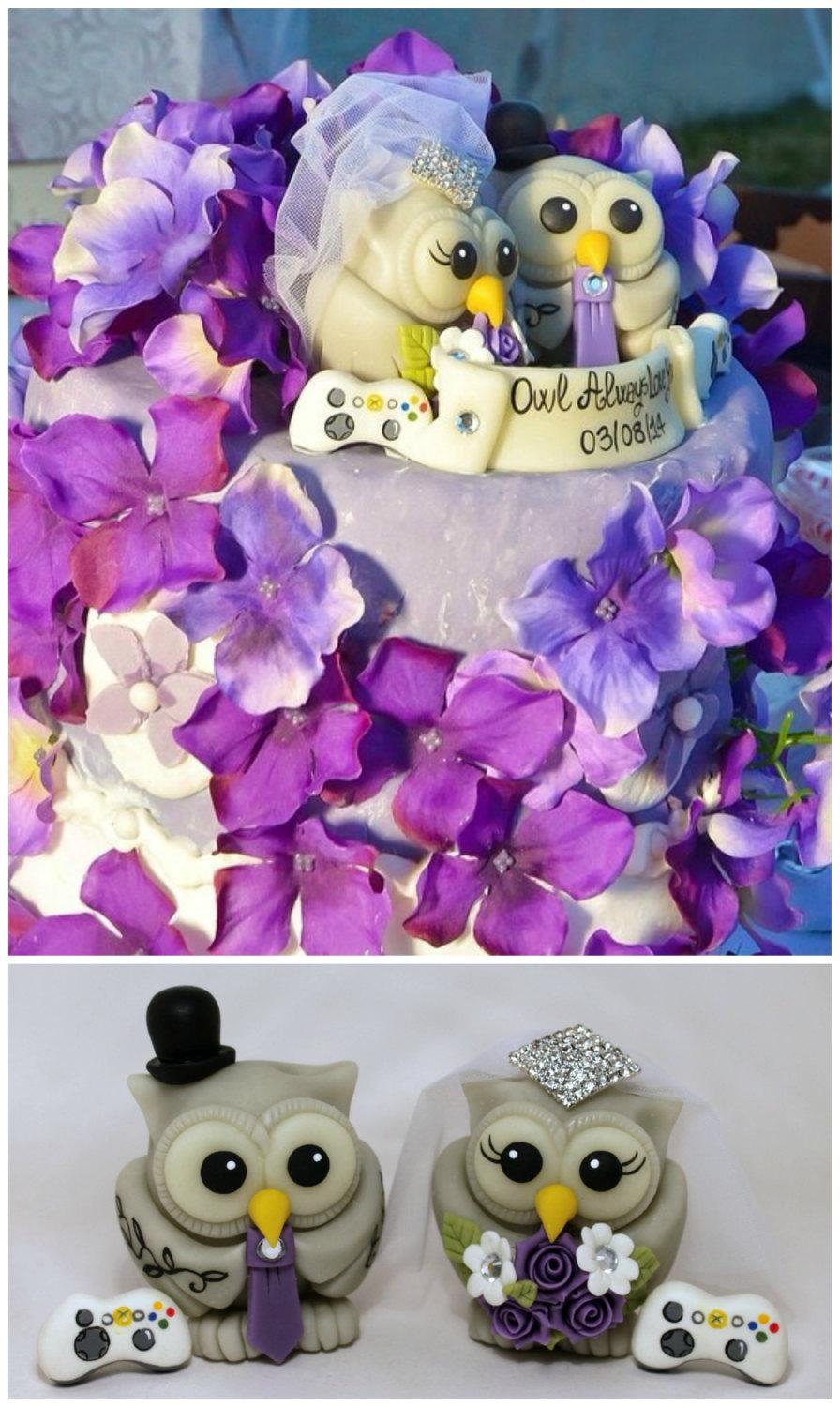 زفاف - Owl wedding cake topper with game controllers and banner, gamer cake topper, purple wedding