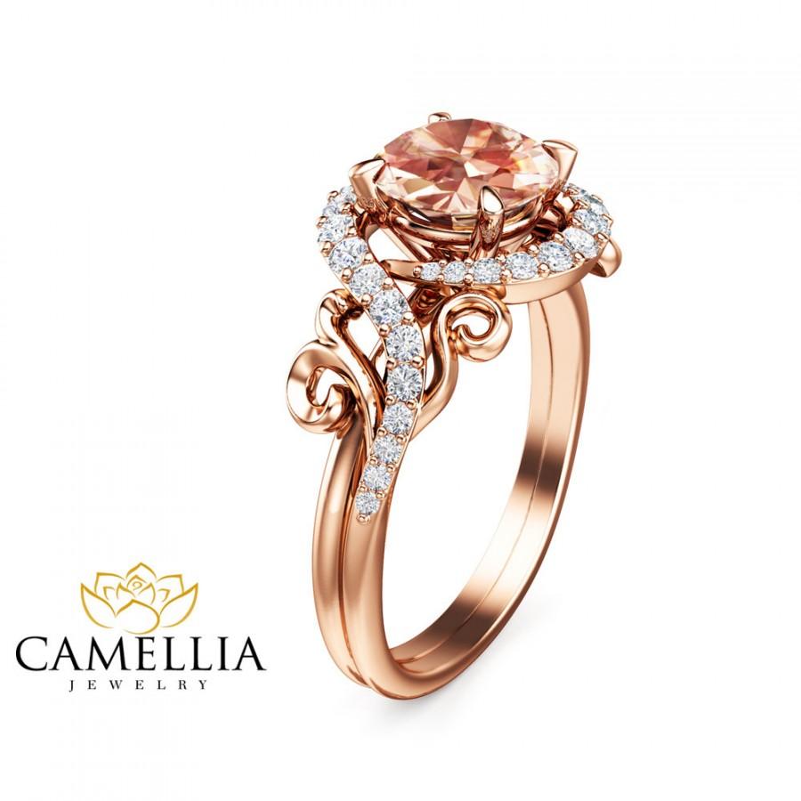 Wedding - Morganite Engagement Ring 14K Rose Gold Morganite Ring Nature Inspired Jewelry