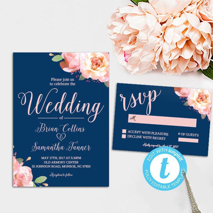 Свадьба - Navy Blush Floral Wedding Invitation Printable Template - Blush and Navy Editable Wedding Invitation Set - Templett