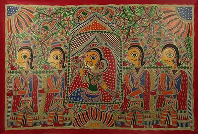 Свадьба - Natural Dyes on Handmade Paper Madhubani Painting, 'Wedding Procession'