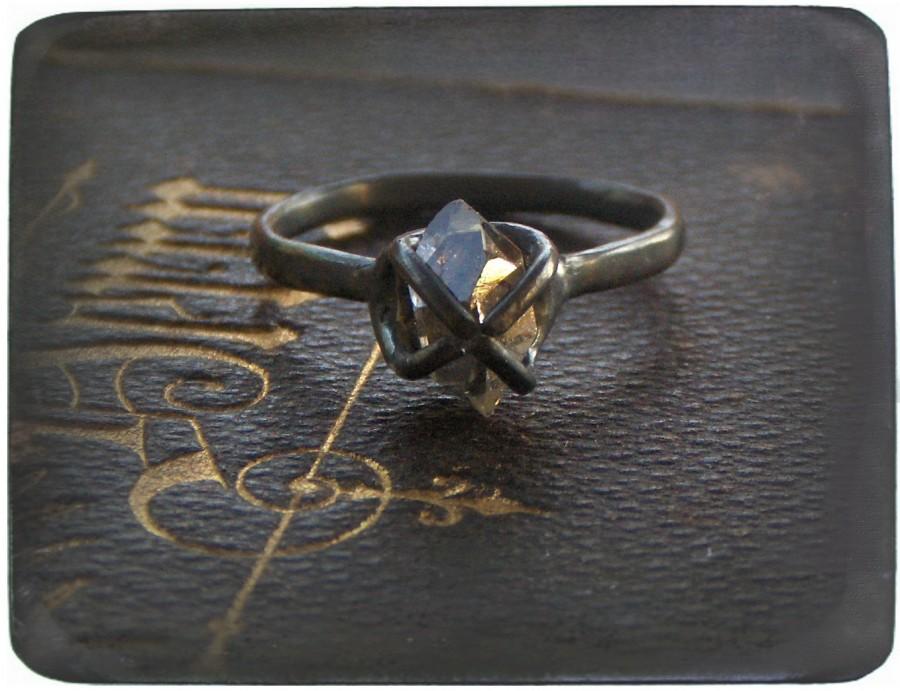 Mariage - BETROTHED. Handmade Goth Engagement Ring Herkimer Diamond, Oxidize Sterling Silver. Dark Beauty rustic wedding organic eco friendly Wedding