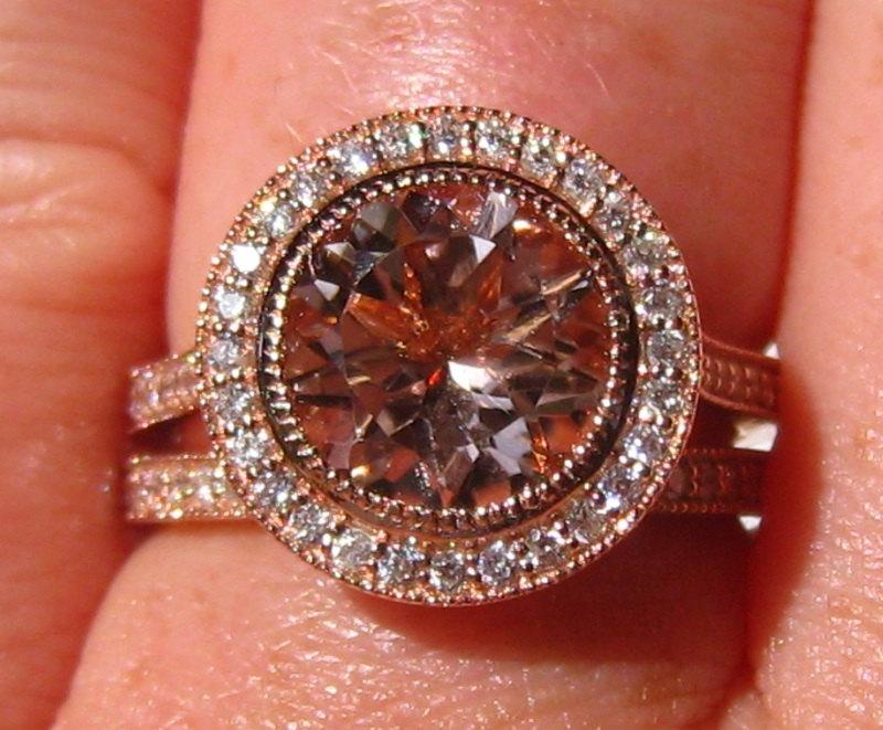 زفاف - Morganite Engagement Ring, Rose Gold Engagement Ring, Rose Gold Morganite Ring, Milgrain Bezel Engagement Ring, Wedding Set