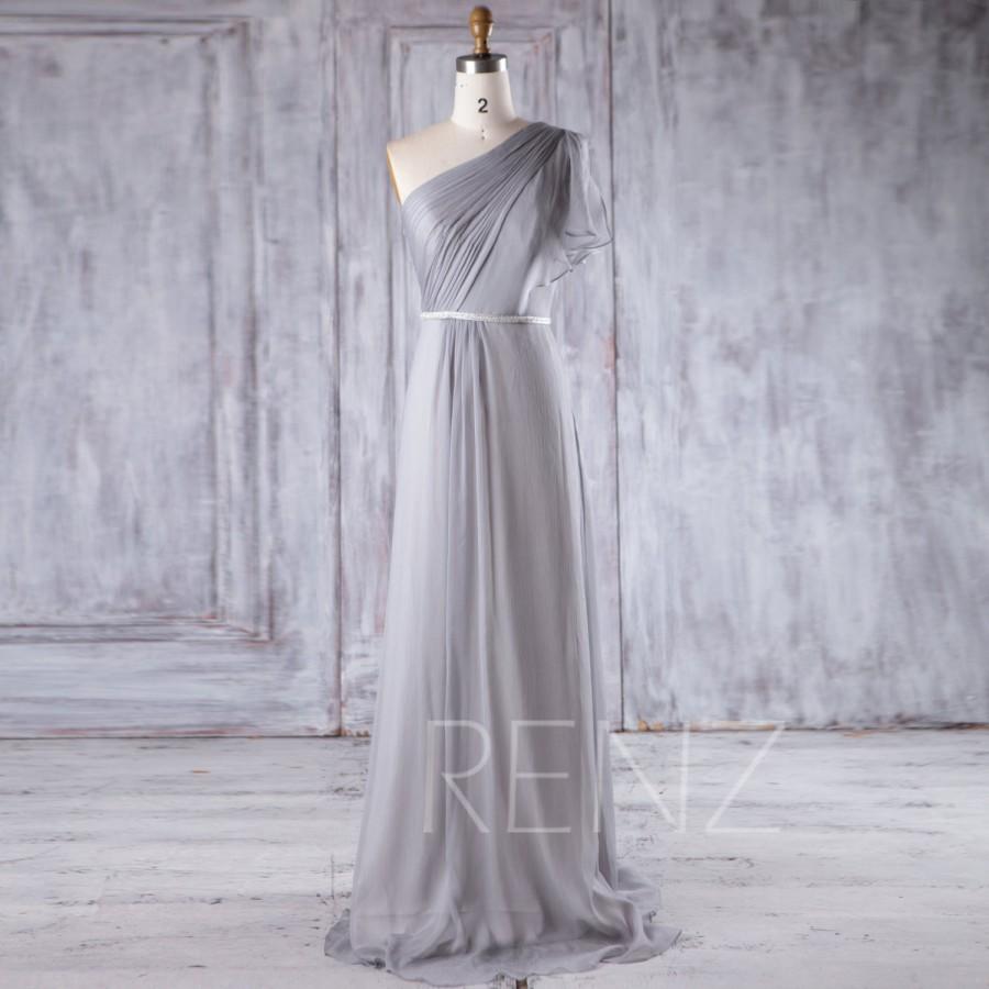 Mariage - 2017 Gray Chiffon Bridesmaid Dress, Ruched Bodice Wedding Dress, One Shoulder Ruffle Prom Dress with Beading, Formal Dress Full Length(L233)