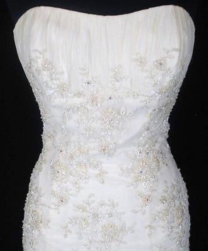 Hochzeit - DEMETRIOS Vintage Ivory Floral Bead Net Crystal Pleat MERMAID Trumpet Fishtail Hem Chapel Train Sweetheart Edwardian Wedding Gown Dress