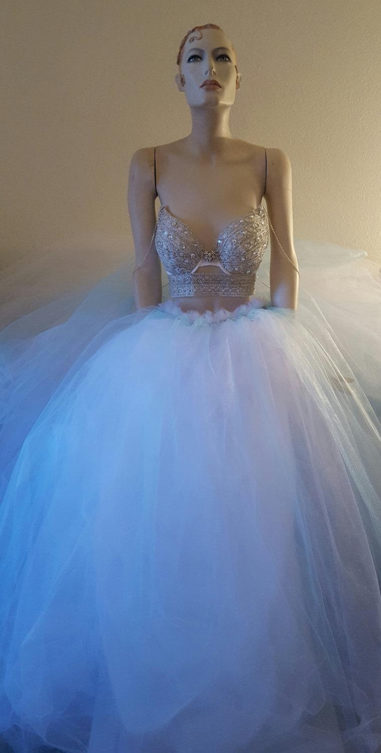 Свадьба - Custom Gown / Beach Angel Belly Dance Silver White Blue Aurora Borealis Rhinestone Crystal Tulle Bridal Wedding Bandeau Bralette Ballgown