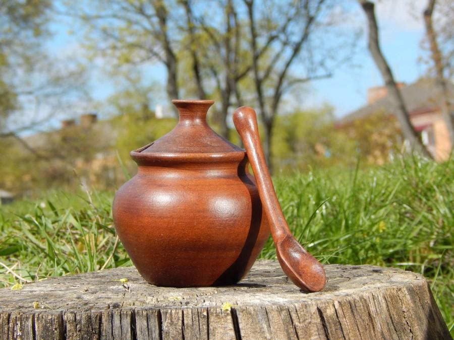 Свадьба - Ceramic pot with lid - Sugar bowl with spoon - Pottery jar - Honey Pot - Storage jar - organic dish - Red clay ware - handmade dinnerware