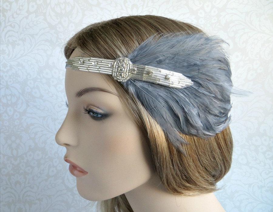 Hochzeit - Silver Beaded Rhinestone Gray Feathers, Flapper, 1920s Headpiece, Great Gatsby Headpiece, Art Deco 1920s Headband, Fascinator