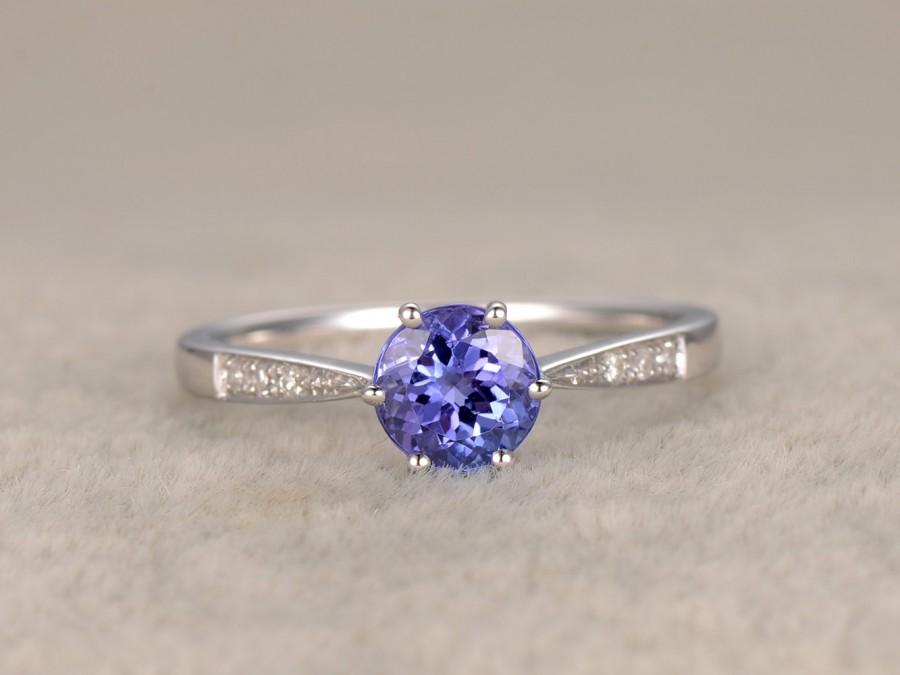 زفاف - 7mm Round 3A Tanzanite Engagement ring,Solitaire wedding band,14K White Gold,Gemstone Promise Bridal Ring,Blue Stone ring,6-Prongs set