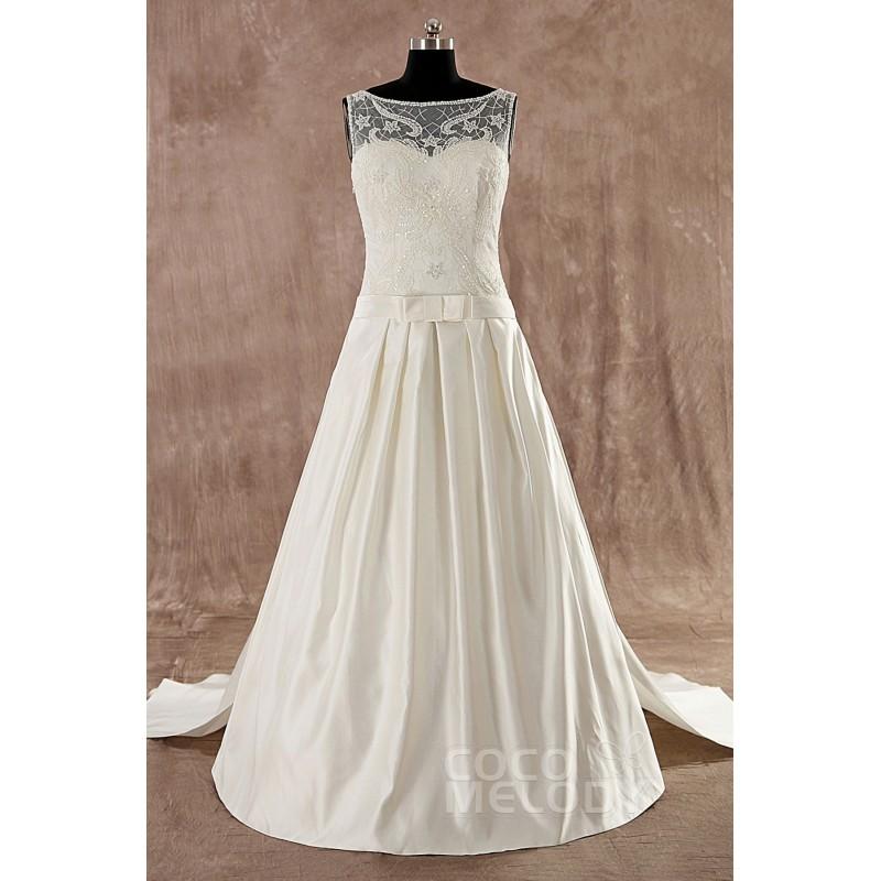زفاف - Charming A-Line  Train Satin Ivory Sleeveless Wedding Dress with Removable Train - Top Designer Wedding Online-Shop