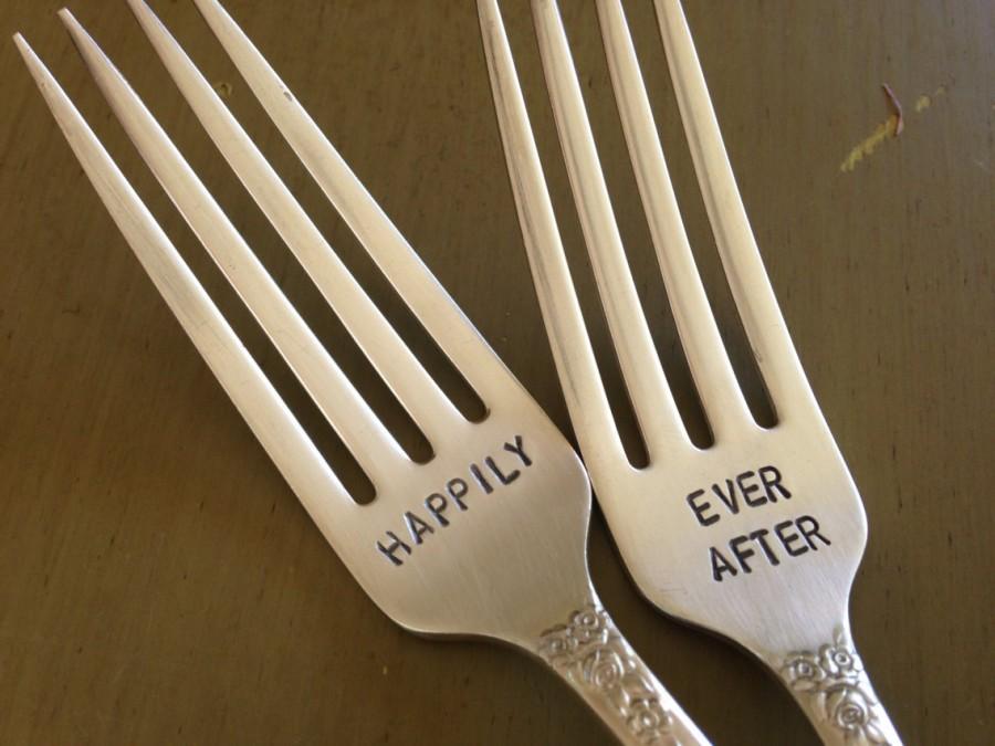 زفاف - Happily Ever After   Wedding Forks hand stamped bridal accessory