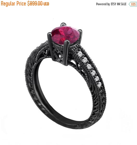 زفاف - ON SALE Red Garnet & Diamond Engagement Ring Vintage Style 14K Black Gold 0.65 Carat Certified Pave Set Birthstone Antique Style Engraved Ha