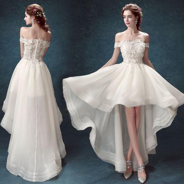 Mariage - A-line Wedding Dress - Chic & Modern Asymmetrical Off-the-shoulder Organza With Beading / Lace