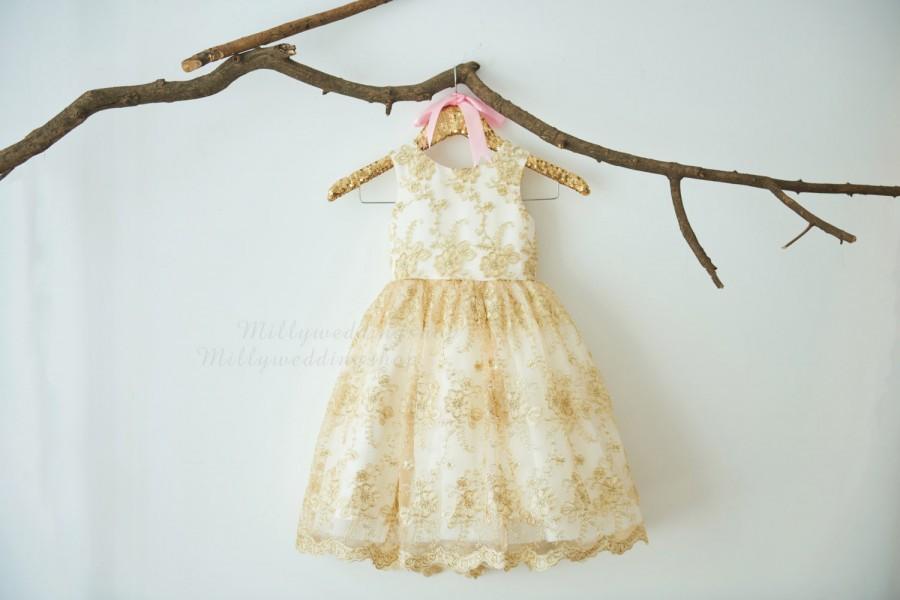Mariage - Gold Lace Ivory Satin Flower Girl Dress Junior Bridesmaid Wedding Party Dress M0053