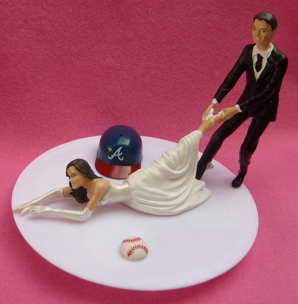Hochzeit - Wedding Cake Topper Atlanta Braves G Baseball Themed w/ Bridal Garter Humorous Bride Groom Sports Fans Dragging Pulling Drags Pulls Funny