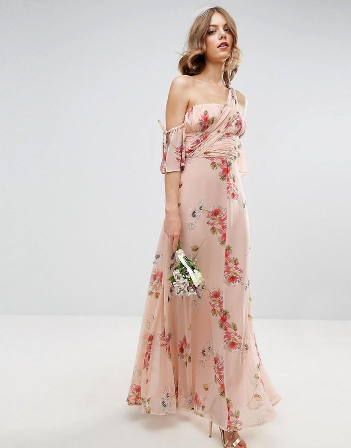 Hochzeit - ASOS WEDDING One Shoulder Maxi Dress in Summer Rose Bouquet Print