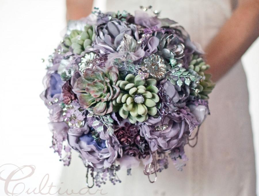 Mariage - Succulent Brooch Bouquet Alternative, Mercury Glass Wedding Lilac Purple fabric brooch bouquet,  artificial bouquet, silver dusty purple