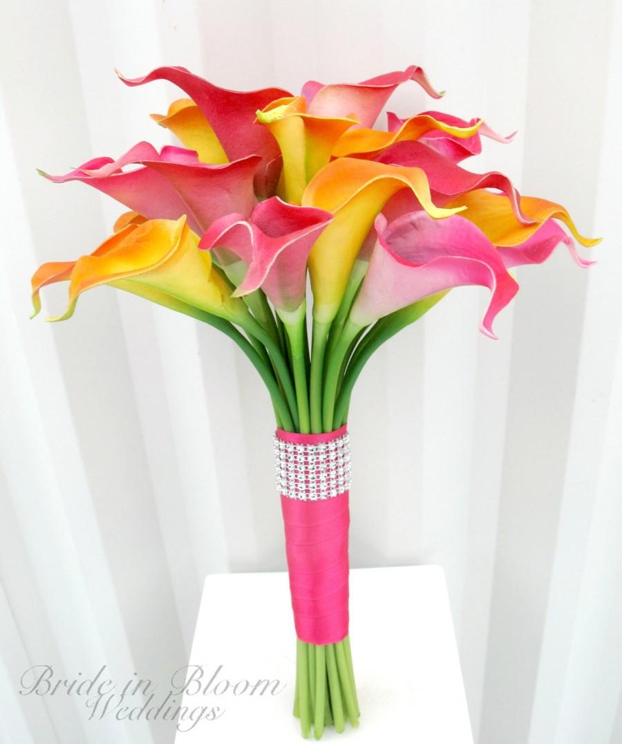 Mariage - Tropical Wedding bouquet Bridal bouquet Real touch calla lily hot pink orange