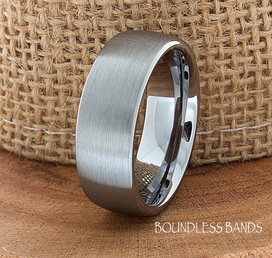 Hochzeit - Tungsten Wedding Ring Dome Shaped Brushed Mens Wedding Band Custom Engraved Any Design Couple Wedding Band For Him Modern Unique Ring 8mm