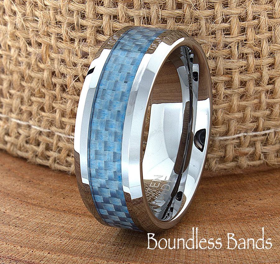 Свадьба - Blue Carbon Fiber Tungsten Wedding Ring Two Tone 8mm Mens Wedding Band Custom Laser Engraving Engagement Anniversary Comfort Fit Mans His