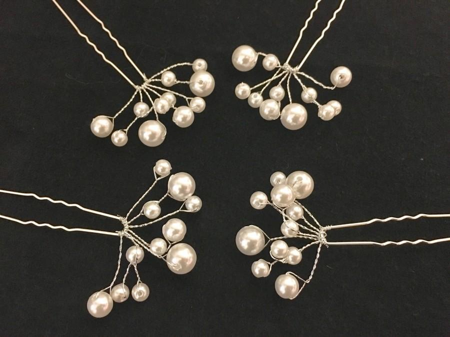 Wedding - Pearl Hair pins, Set of 4 Hair Pins, Silver Wire Pearl Hair Pins, Bridal Wedding Hair Pins, Beach Wedding Hair Jewelry, Set of 4
