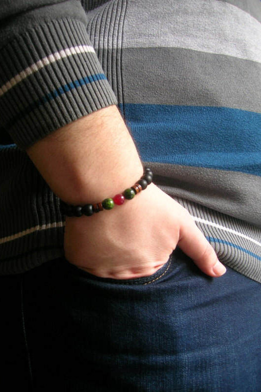 Wedding - Black Beads Bracelet, Mens Bracelet, Black, Green & Red Beads Bracelet, Mat Obsidian Bracelet, Natural Stones Bracelet, Gift For Him