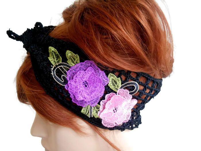 Wedding - Black Women Head band, Flower Headband, turban headwrap , Headband Adult, Boho Headband, Women Headband, Knitted Headband, Crochet headband