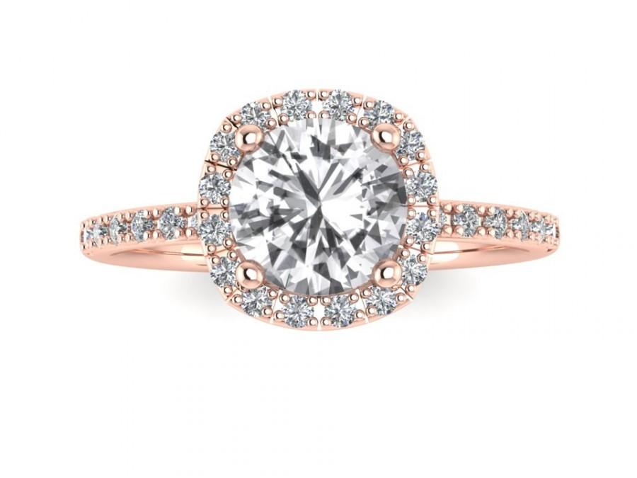 زفاف - 14k Rose Gold Halo Diamond White Sapphire Engagement Ring Cushion Cut Wedding Ring Lab-Grown White Sapphire,  Re00082