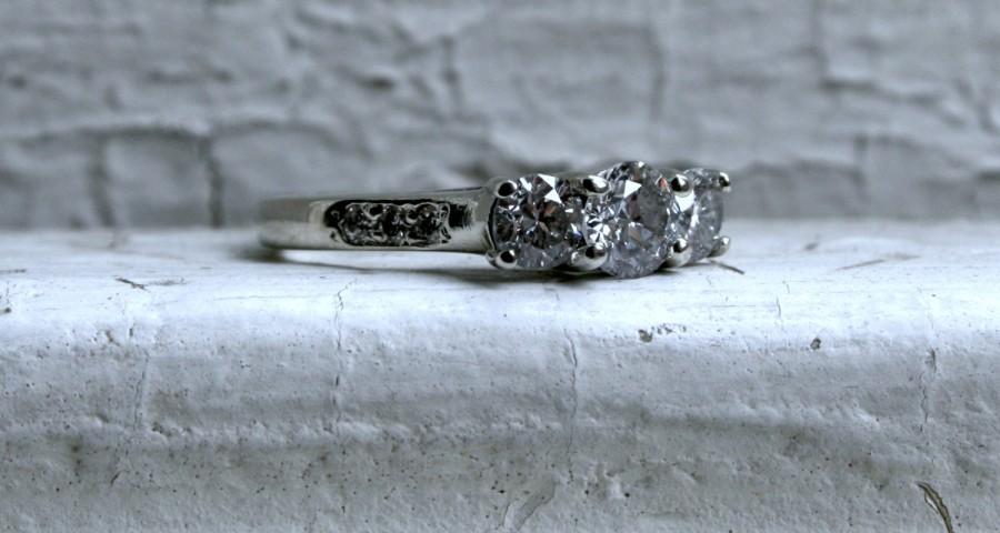 Wedding - Vintage Three Stone Diamond Engagement Ring in 14K White Gold - 1.23ct.