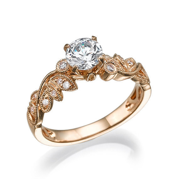 Wedding - Gia Diamond Engagement Ring, Rose Gold Ring, Leaves Ring, Antique Ring, Art Deco Ring, Prong Setting Ring, Vintage Ring, leaf ring