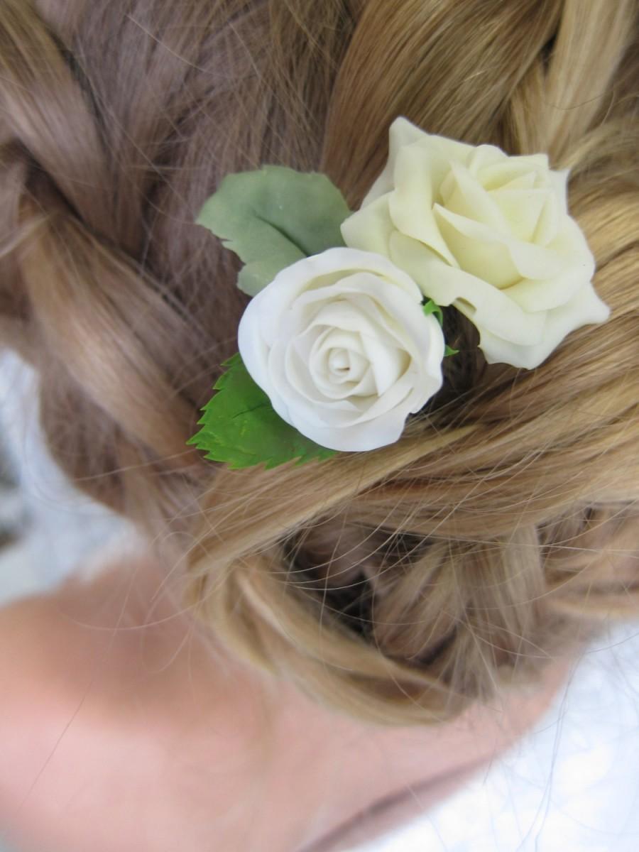 زفاف - Ivory roses pin, bridal hair flower, bridal flower hair pin, wedding hair flowers, bridal hair pin, hair clay flower, bridal hair accessory