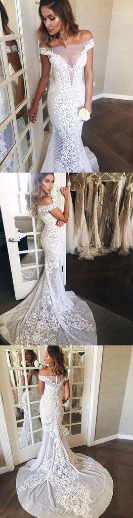 Hochzeit - Mermaid Off-the-Shoulder Sweep Train Lace Wedding Dress Wedding Dresses