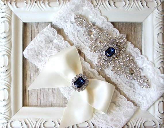 Hochzeit - CUSTOMIZE Your Garter - Vintage Wedding Garter Set with Crystals & Rhinestones on Comfortable Lace, Bridal Garter Set, Crystal Garter Set