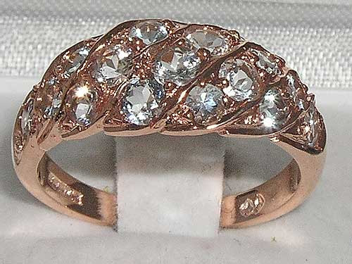 زفاف - English 14K Rose Gold Natural Aquamarine Engagement Ring, Wave Line Cluster Ring, Half Eternity Wide Band Ring - Customize: 9K,18K Gold