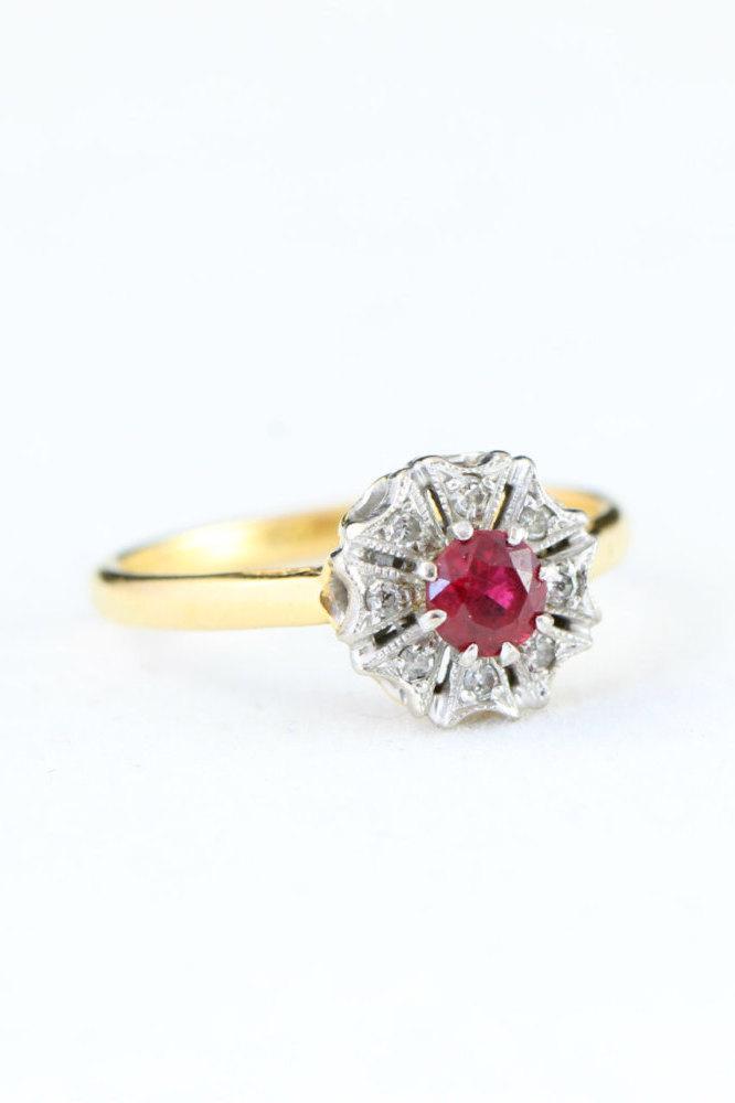 Wedding - Edwardian ruby and diamond engagement ring in 18 carat gold and platinum antique