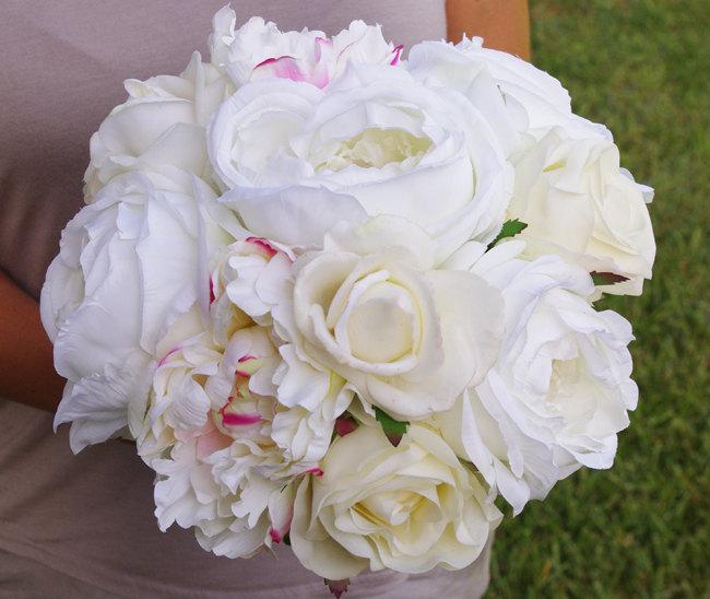 زفاف - Bouquet of Silk Peonies and Roses Off White Natural Touch Flower Wedding Bride Bouquet - Almost Fresh