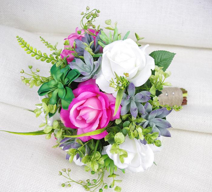 Hochzeit - Wedding Natural Touch Succulents and Fuchsia Pink Roses Silk Flower Bride Bouquet