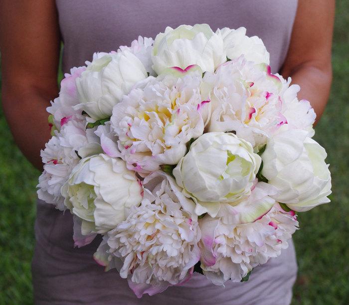 Hochzeit - Wedding Natural Touch Blush Pink and White Peony Silk Flower Bride Bouquet - Almost Fresh