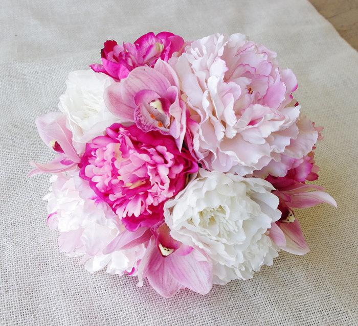 Hochzeit - Wedding Natural Touch Pink Peonies and Orchids Silk Flower Bride Bouquet - Almost Fresh
