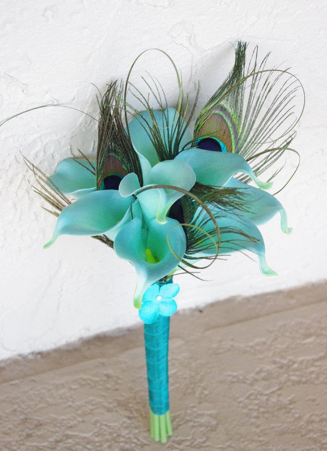 Mariage - Turquoise Aqua Mint Wedding Flower Bouquet Peacock Feathers and Robbin's Egg Calla Lilies