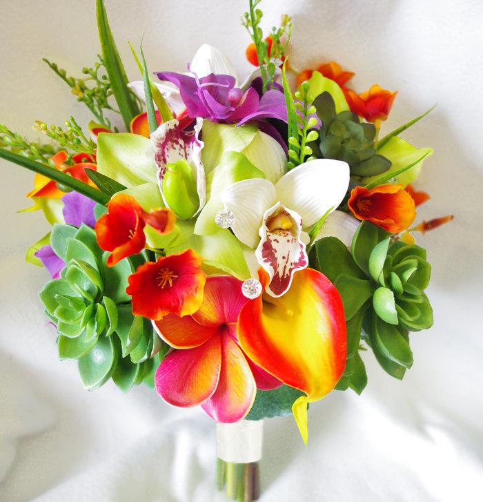 Wedding - Wedding Silk Plumeria Succulent Bouquet - Orange, Green and Lilac Natural Touch Orchids, Plumerias and Succulent Silk Bridal Bouquet