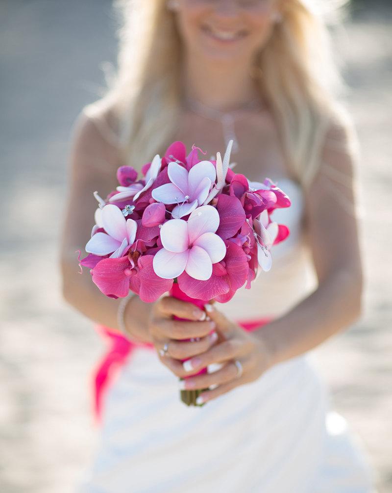 Hochzeit - Wedding Silk Orchids and Plumerias Bridal Bouquet - Fuchsia Pink Natural Touch Silk Flower Wedding Bouquet