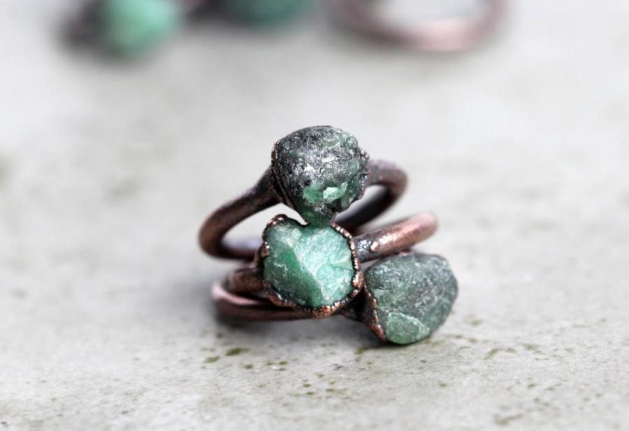 Wedding - Raw Emerald Ring Electroformed Copper Ring Stone Ring Natural Stone Emerald Birthstone Delicate Ring Taurus Jewelry