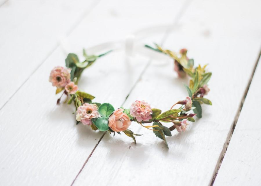 زفاف - Blooming Peach Flower+Cherry Blossoms and Greenery Crown With Ribbon Tie