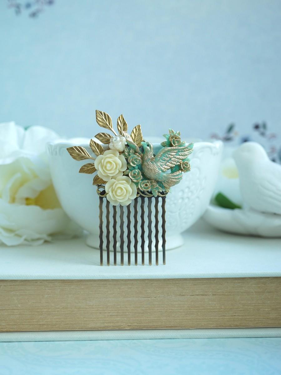 Свадьба - Mint Opal and Gold Comb Beige Flower Small Bridal Cream Mint Rose Hair Comb Flower Girl Comb Mint Opal Gold Hair Accessory, Bridesmaid Gift