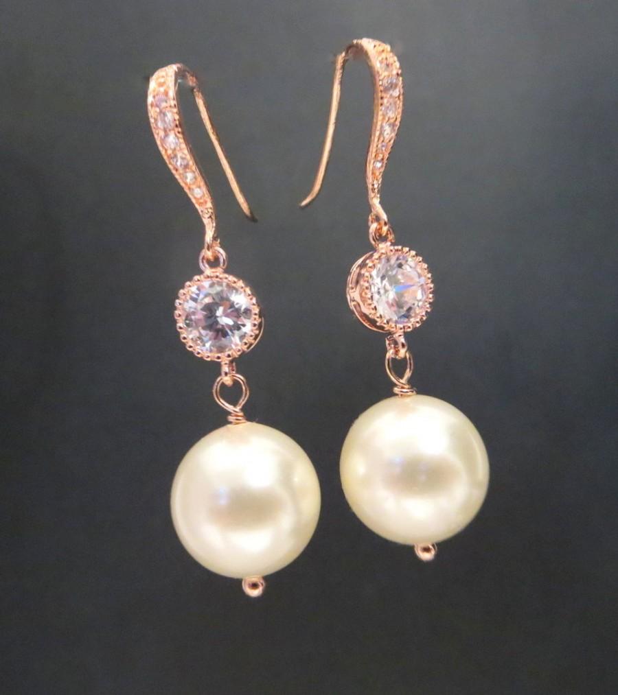 زفاف - Rose Gold Bridal earrings, Classic Pearl Wedding Earrings, Pearl drop earrings, Rose Gold earrings, Crystal earrings, Swarovski earrings