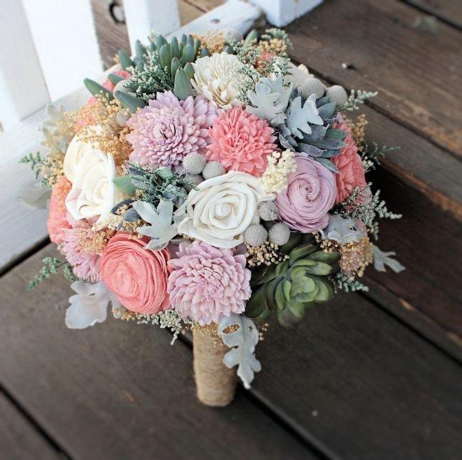 Hochzeit - Alternative Bridal Bouquet - Succulents, Dusty Miller, Sola Flowers, Silver Brunia, Keepsake Bouquet, Sola Bouquet, Rustic Wedding
